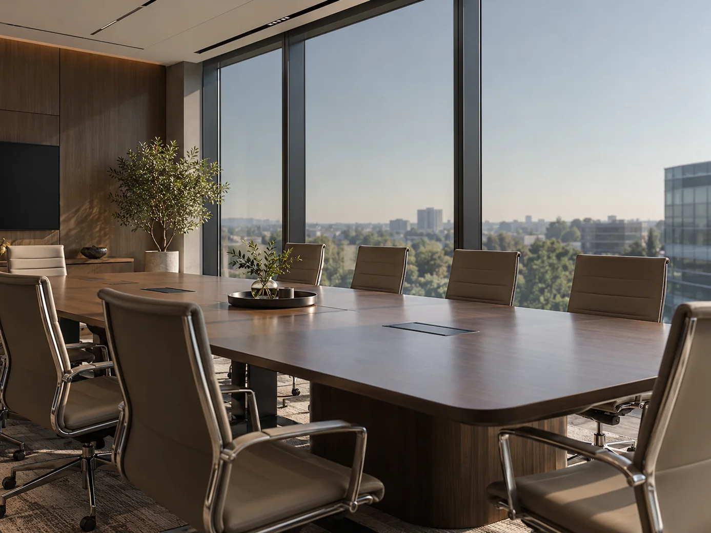 Sala corporativa con ventanales y luz solar controlada