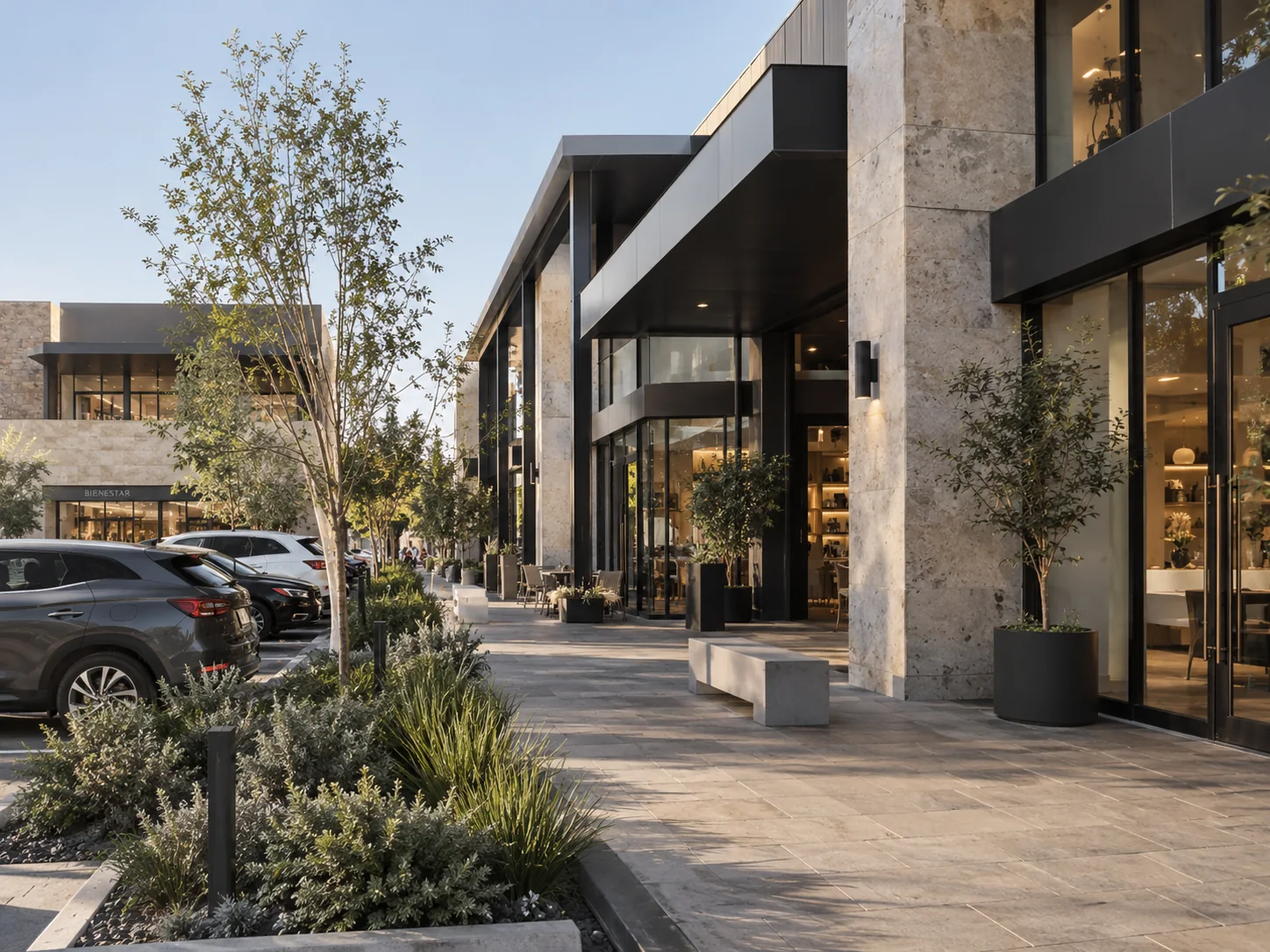 Plaza comercial contemporánea con ventanales de aluminio y vidrio